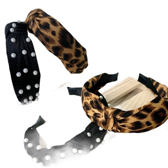 Knotted Headbands Leopard Print and Pearl Pair - Picture 3 of 5